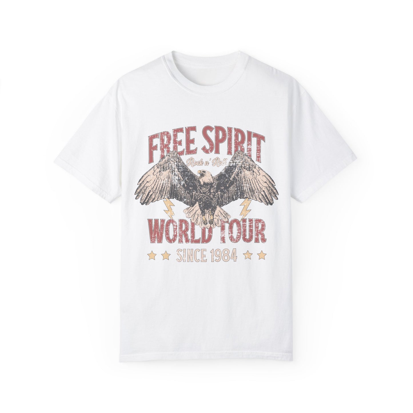 Vintage tour shirt with eagle graphic, distressed details, and 1984 band tour text, perfect for lovers of retro graphic tees, rock and roll shirts, and oversized styles. Casual vintage tee with bold lightning bolt accents.