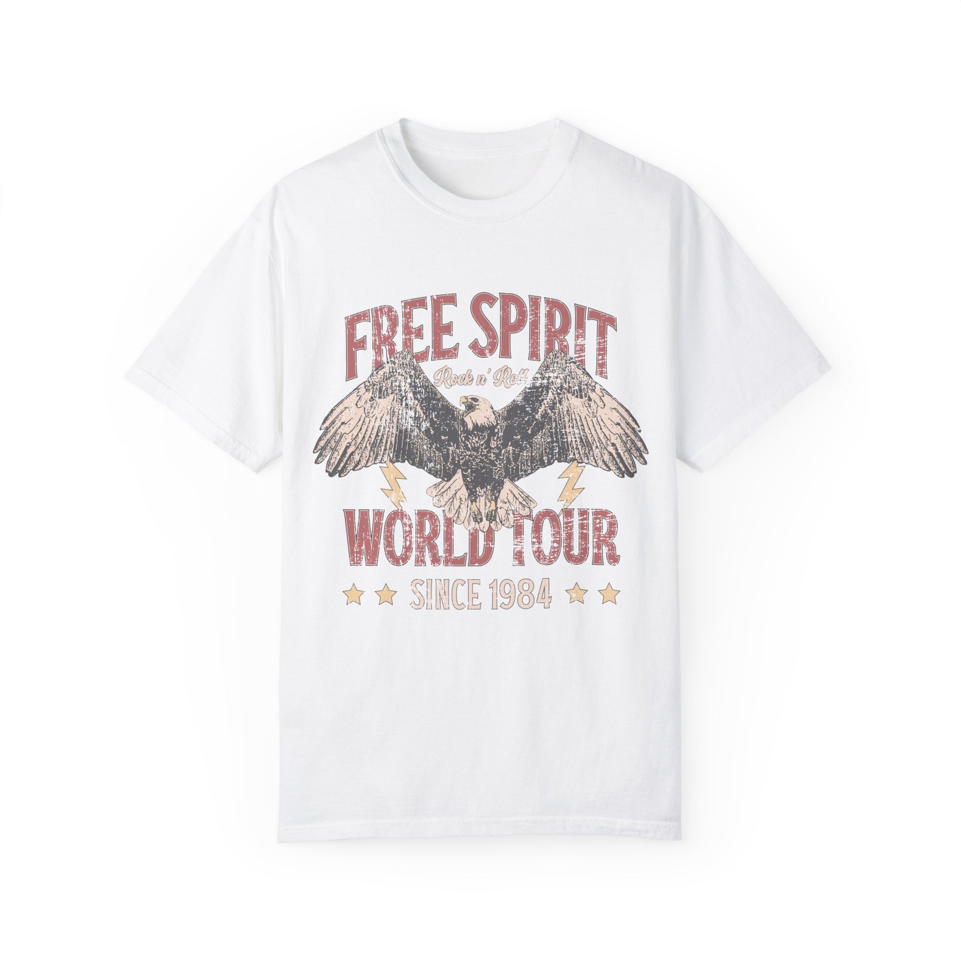 Vintage tour shirt with eagle graphic, distressed details, and 1984 band tour text, perfect for lovers of retro graphic tees, rock and roll shirts, and oversized styles. Casual vintage tee with bold lightning bolt accents.