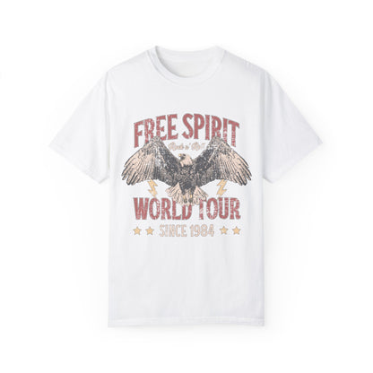 Vintage tour shirt with eagle graphic, distressed details, and 1984 band tour text, perfect for lovers of retro graphic tees, rock and roll shirts, and oversized styles. Casual vintage tee with bold lightning bolt accents.