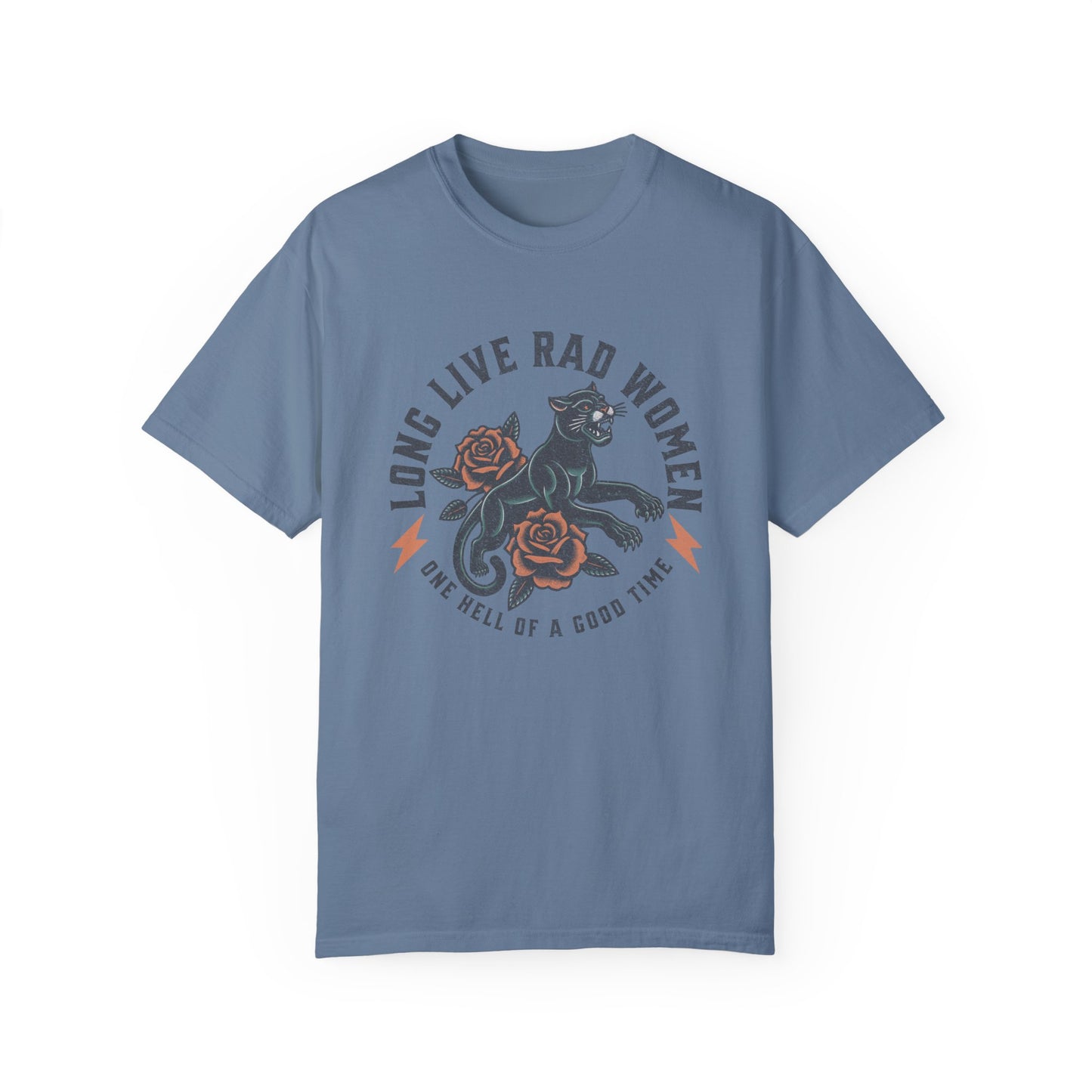 Rad women graphic tee with vintage panther and floral tattoo design. Feminist retro tee made for bold women and cool girls. Edgy graphic tee with panther crew style for rebel hearts. Powerful women tee perfect for everyday casual looks.