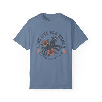 Rad women graphic tee with vintage panther and floral tattoo design. Feminist retro tee made for bold women and cool girls. Edgy graphic tee with panther crew style for rebel hearts. Powerful women tee perfect for everyday casual looks.
