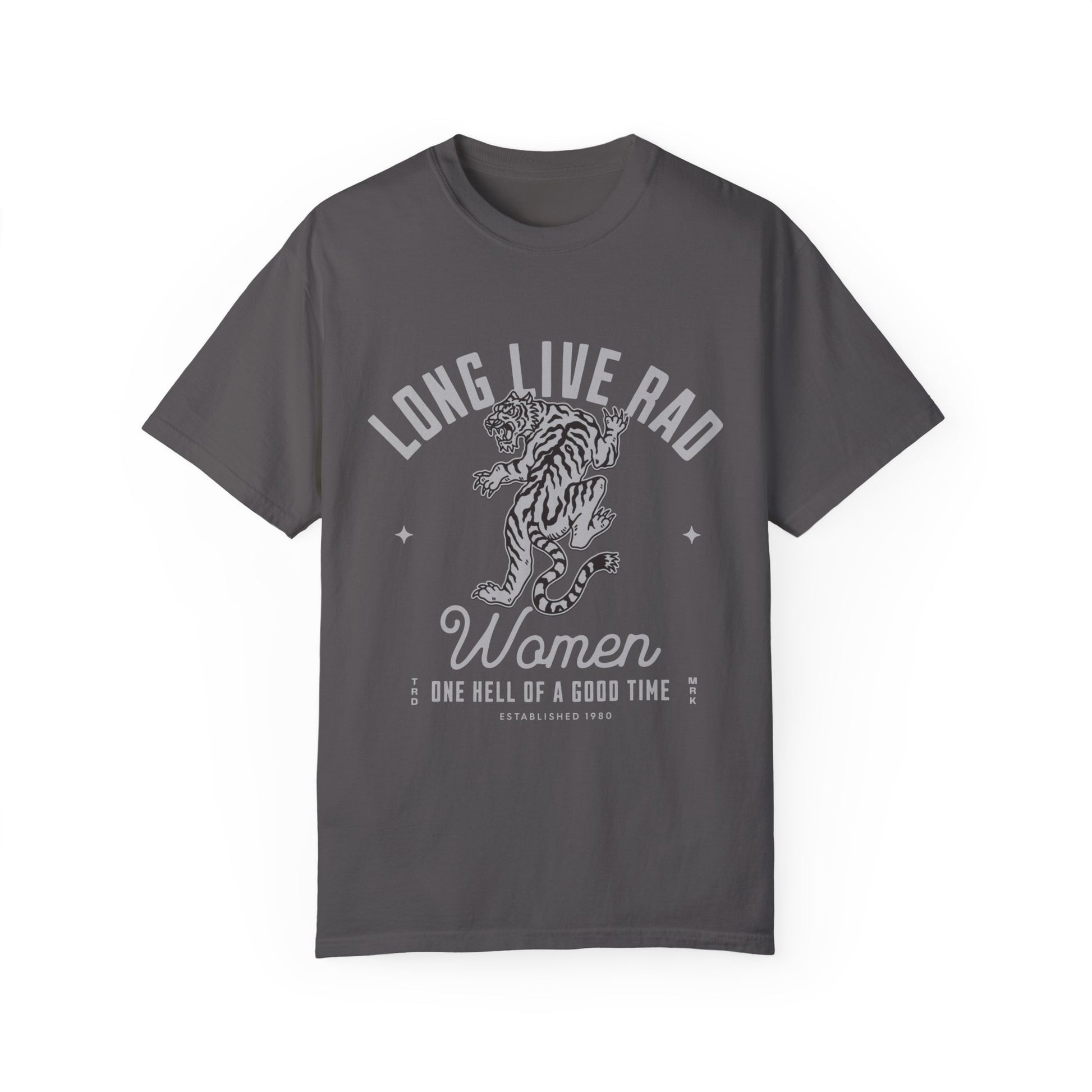 Rad Women Tee with vintage tiger graphic. 90s band graphic tee style with distressed rock tee aesthetic. Edgy women’s tee for a bold look. Western rock tee meets grunge style tee. Badass women tee with rebel graphic tee energy, perfect for everyday wear.