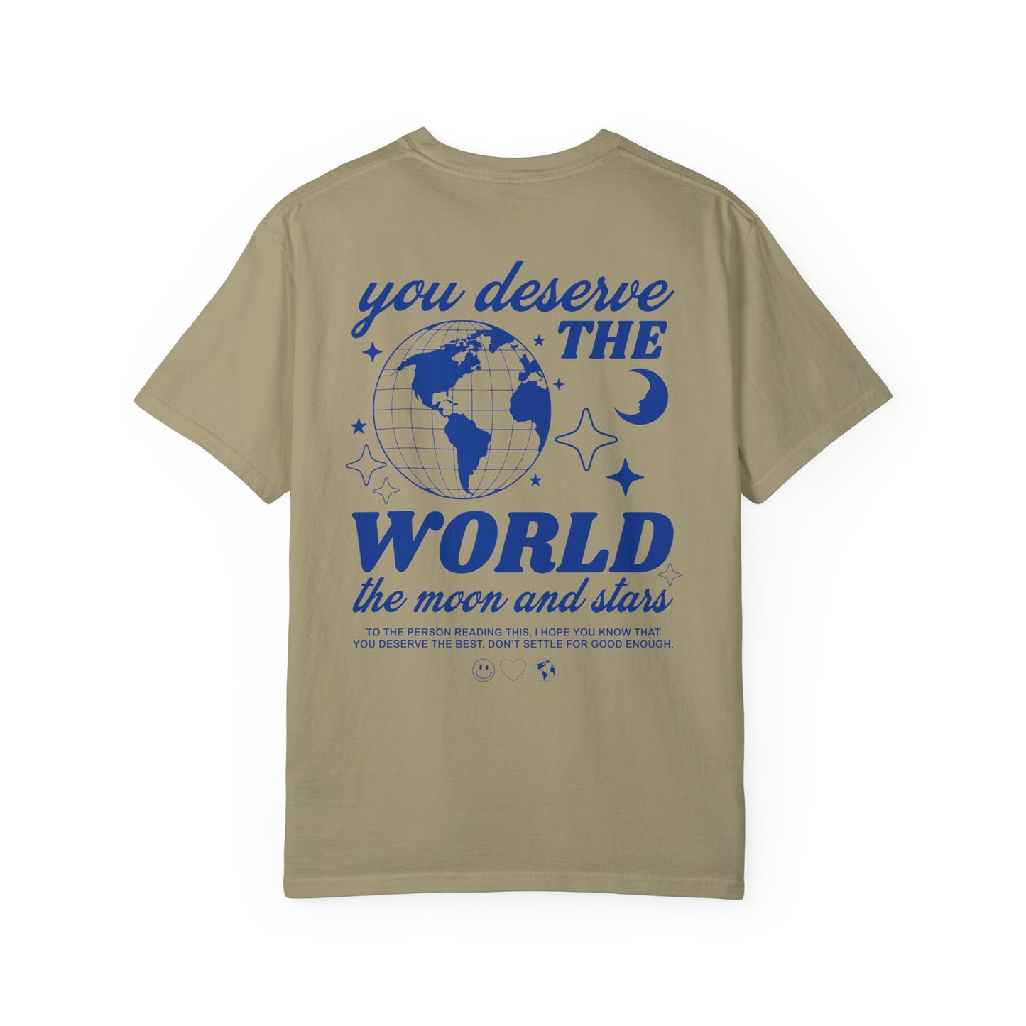 Motivational graphic t-shirt with a celestial design featuring stars, moon, and globe. Includes the inspiring phrase 'you deserve the world.' A trendy and stylish vintage-inspired tee for casual wear, perfect for spreading positivity and empowerment.