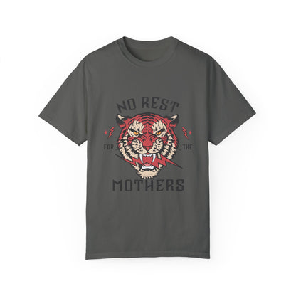 Bold tiger graphic on a No Rest for Mothers Tee, designed for empowered moms. This Tiger Mom Graphic Tee and Vintage Mom Graphic Tee combines retro flair with edgy style. Perfect for casual wear, gifting, or embracing mom life with confidence.