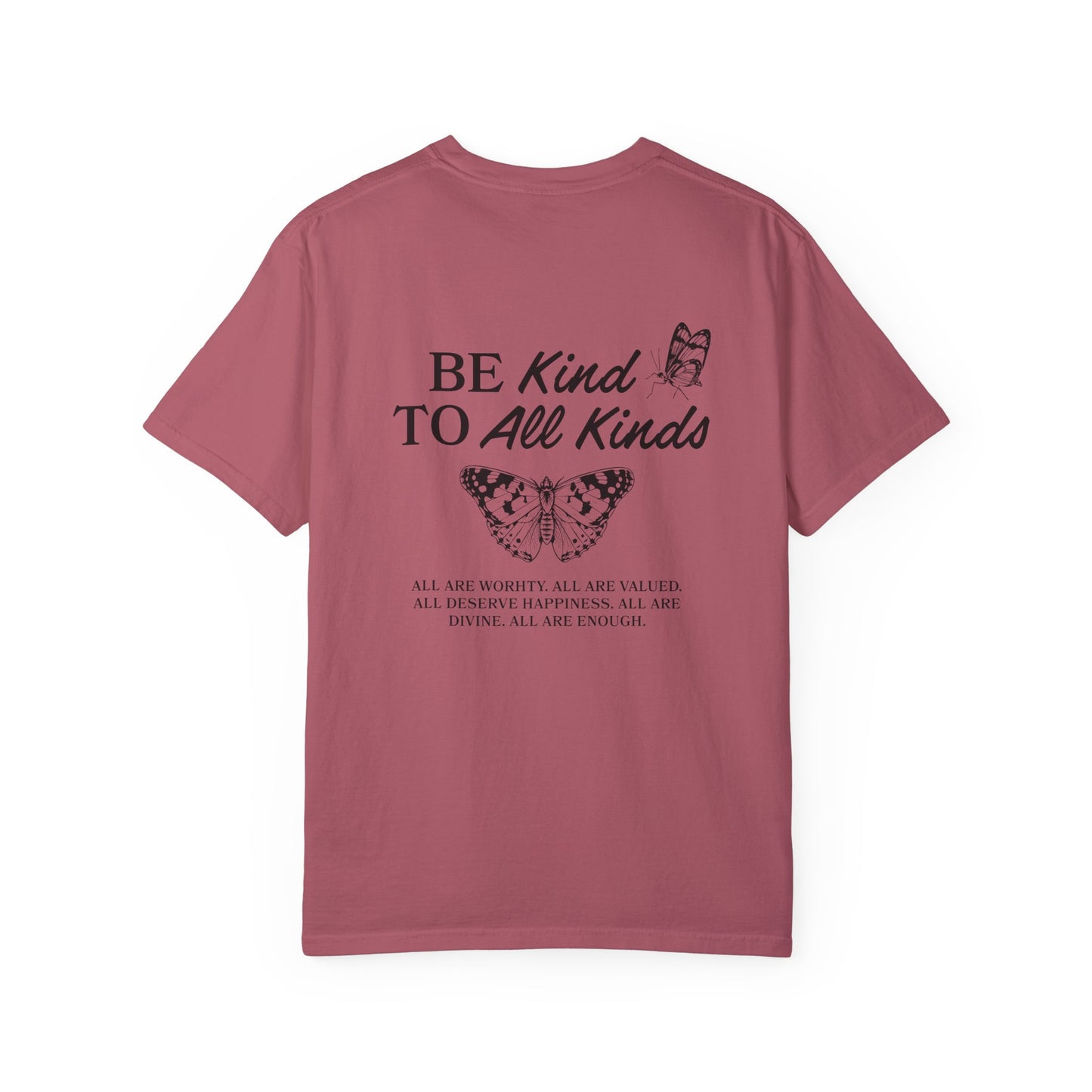 Be Kind Graphic Tee with butterfly design and uplifting message. Kindness Quote Tee made from soft cotton, perfect for casual wear. This Be Kind To All Tee spreads positivity and features an inspiring quote, great as a motivational shirt for daily style.