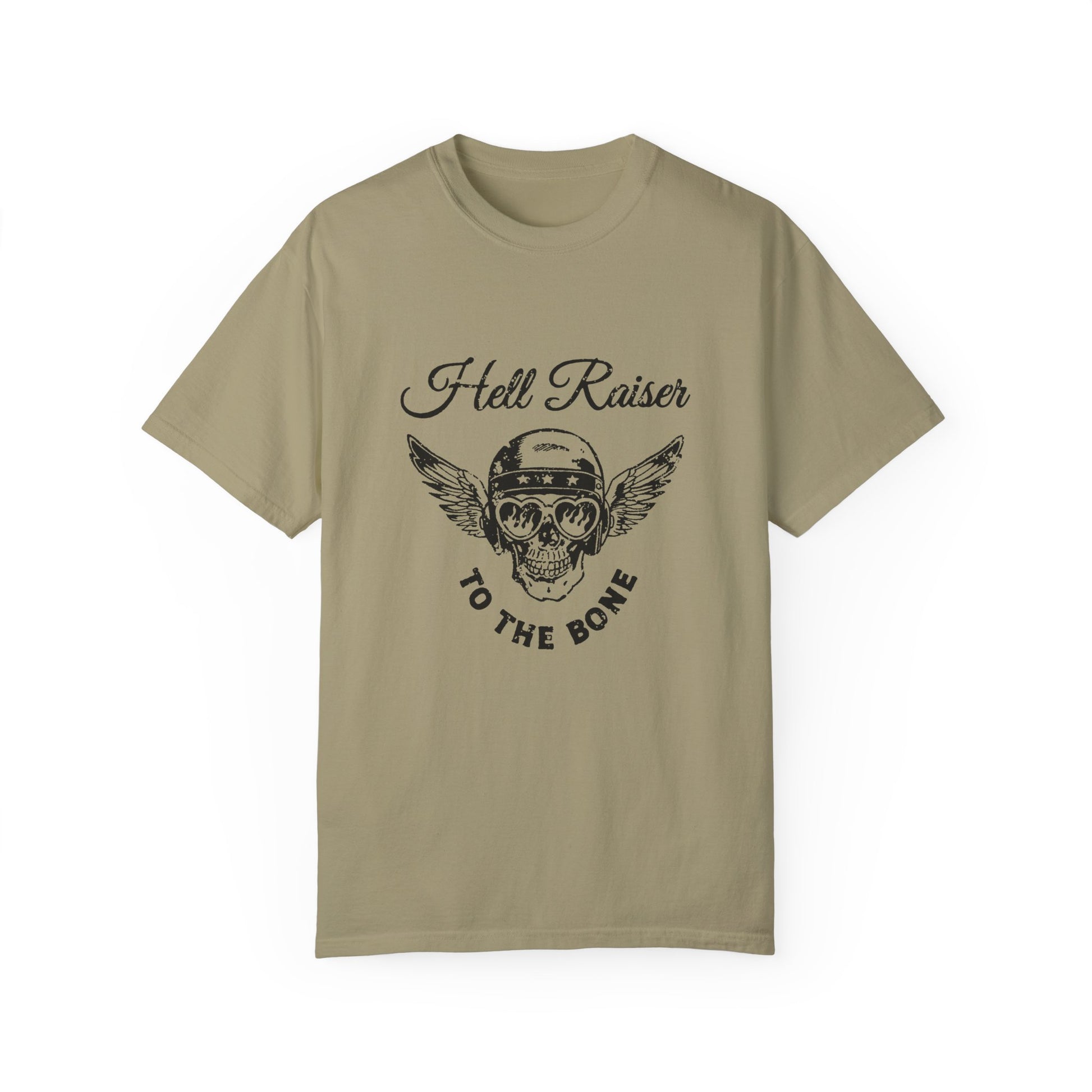 Graphic tee featuring a vintage-inspired winged skull and helmet design. Perfect for fans of retro biker style, rebel looks, and distressed rocker shirts. A badass, edgy option for casual wear with a unique skull and wings design.