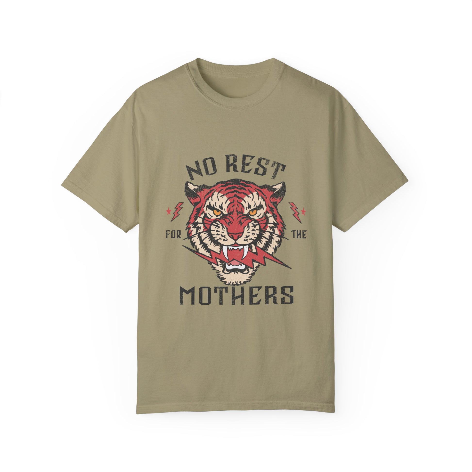 Bold tiger graphic on a No Rest for Mothers Tee, designed for empowered moms. This Tiger Mom Graphic Tee and Vintage Mom Graphic Tee combines retro flair with edgy style. Perfect for casual wear, gifting, or embracing mom life with confidence.