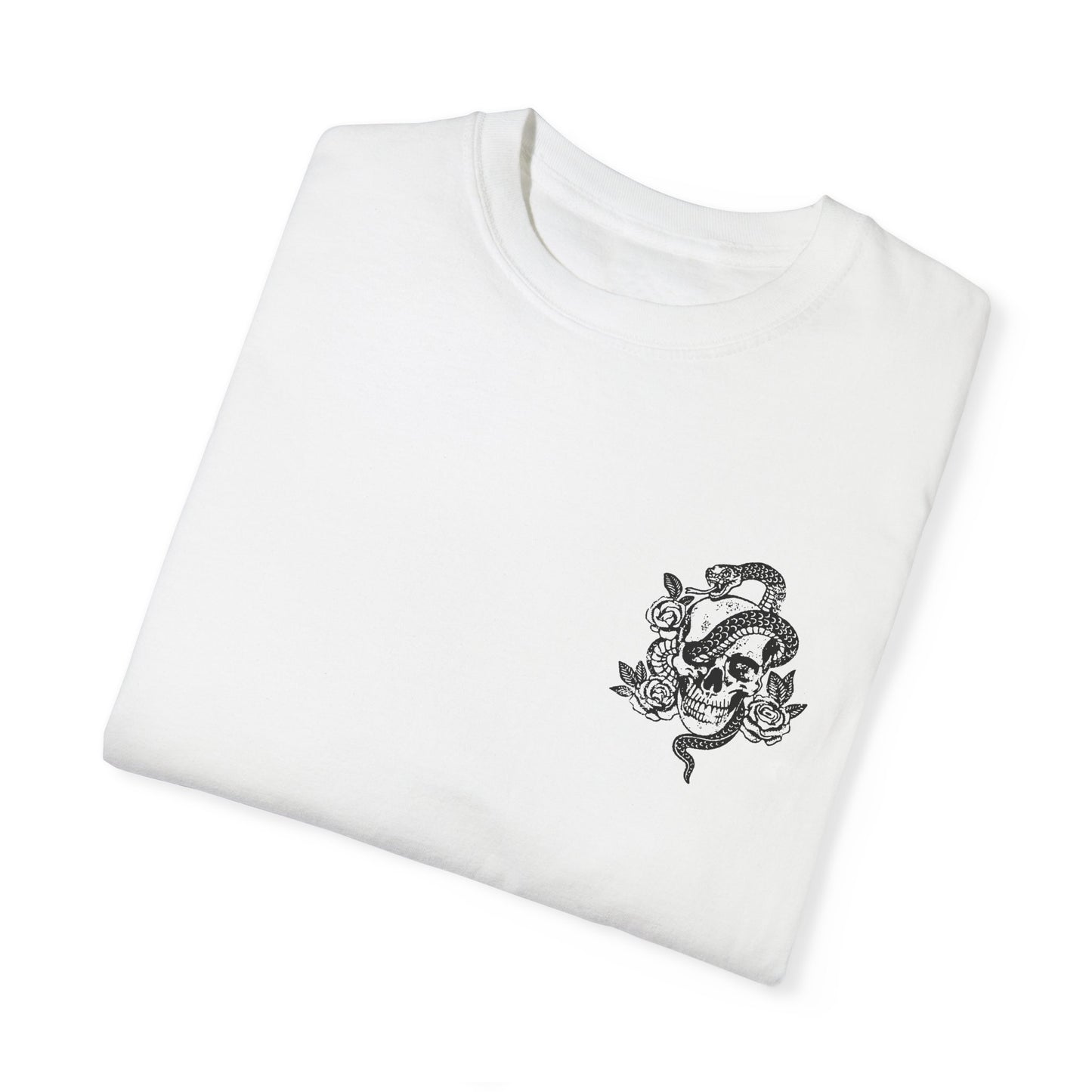 Snake skull shirt with a bold skull, rose, and snake design, blending edgy and gothic vibes. This dark graphic tee is ideal for fans of retro snake shirts, witchy skeleton tees, or unique rose t-shirts seeking a vintage gothic aesthetic for everyday wear.