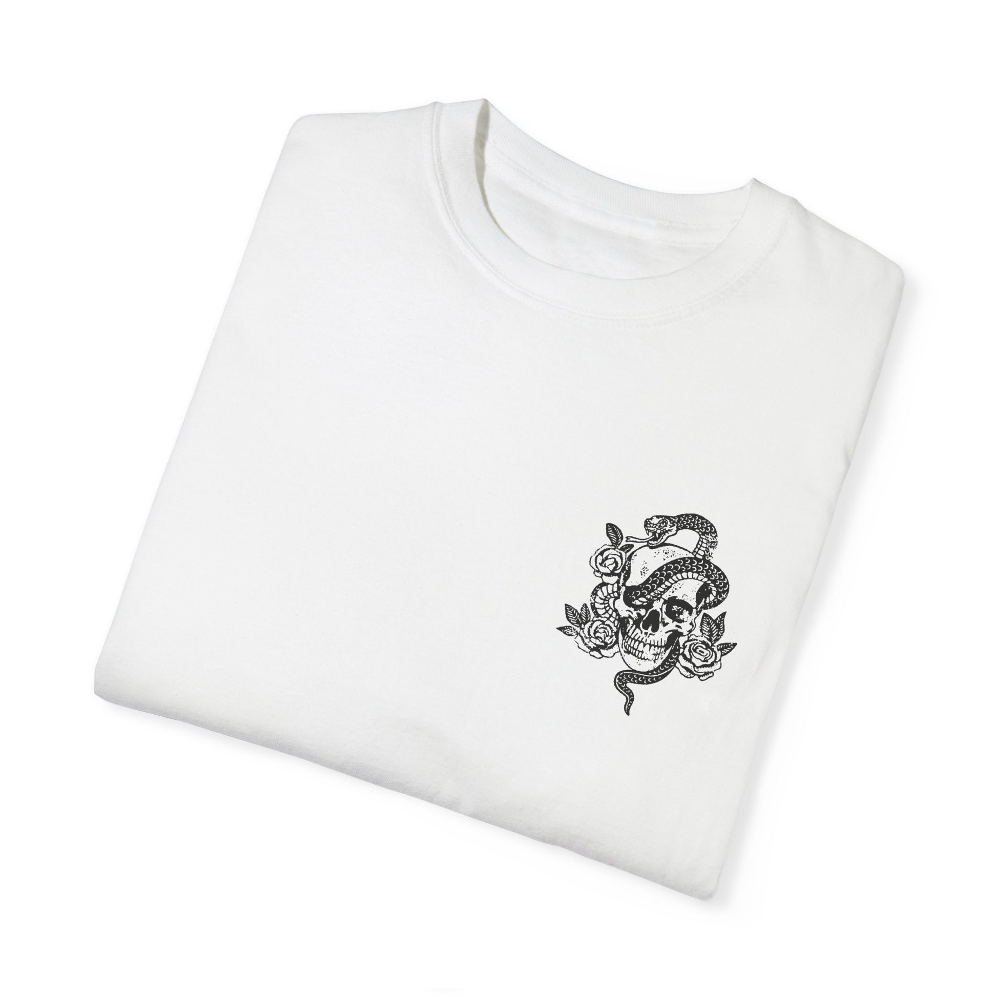 Snake skull shirt with a bold skull, rose, and snake design, blending edgy and gothic vibes. This dark graphic tee is ideal for fans of retro snake shirts, witchy skeleton tees, or unique rose t-shirts seeking a vintage gothic aesthetic for everyday wear.
