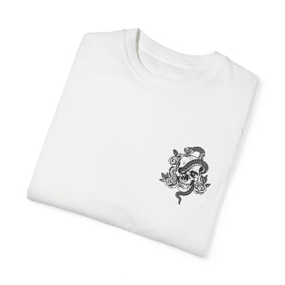 Snake skull shirt with a bold skull, rose, and snake design, blending edgy and gothic vibes. This dark graphic tee is ideal for fans of retro snake shirts, witchy skeleton tees, or unique rose t-shirts seeking a vintage gothic aesthetic for everyday wear.