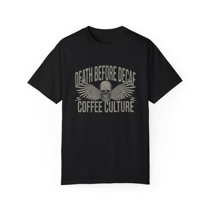 T-shirt with bold Death Before Decaf design featuring a skull and wings. Perfect for coffee lovers who prefer strong brews. This edgy coffee skull shirt makes a great caffeine addict tee or anti decaf shirt. Fits unisex style and works as a vintage coffee tee, goth coffee shirt, or strong coffee shirt. Ideal for casual wear, gifting, or making a bold coffee culture statement. Funny coffee shirt with attitude.