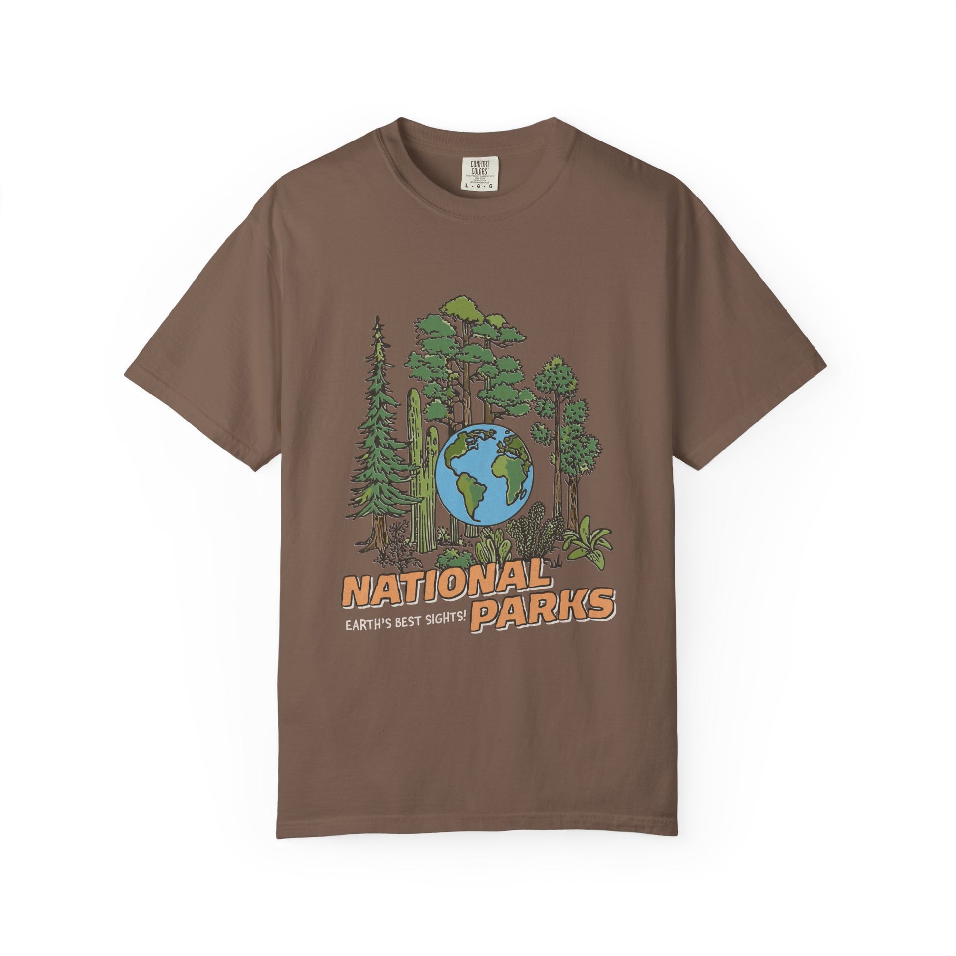 Brown t-shirt with national parks graphic design on a white background