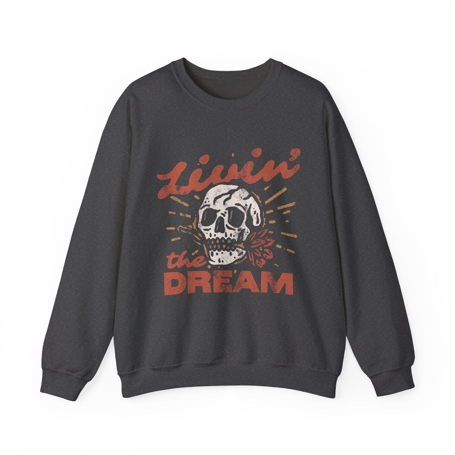 Oversized retro skull sweatshirt with bold vintage-inspired design. Livin' The Dream shirt featuring edgy graphic details. Perfect boho skull pullover for grunge and aesthetic styles. Casual vintage skull sweater ideal for layering and everyday wear. 