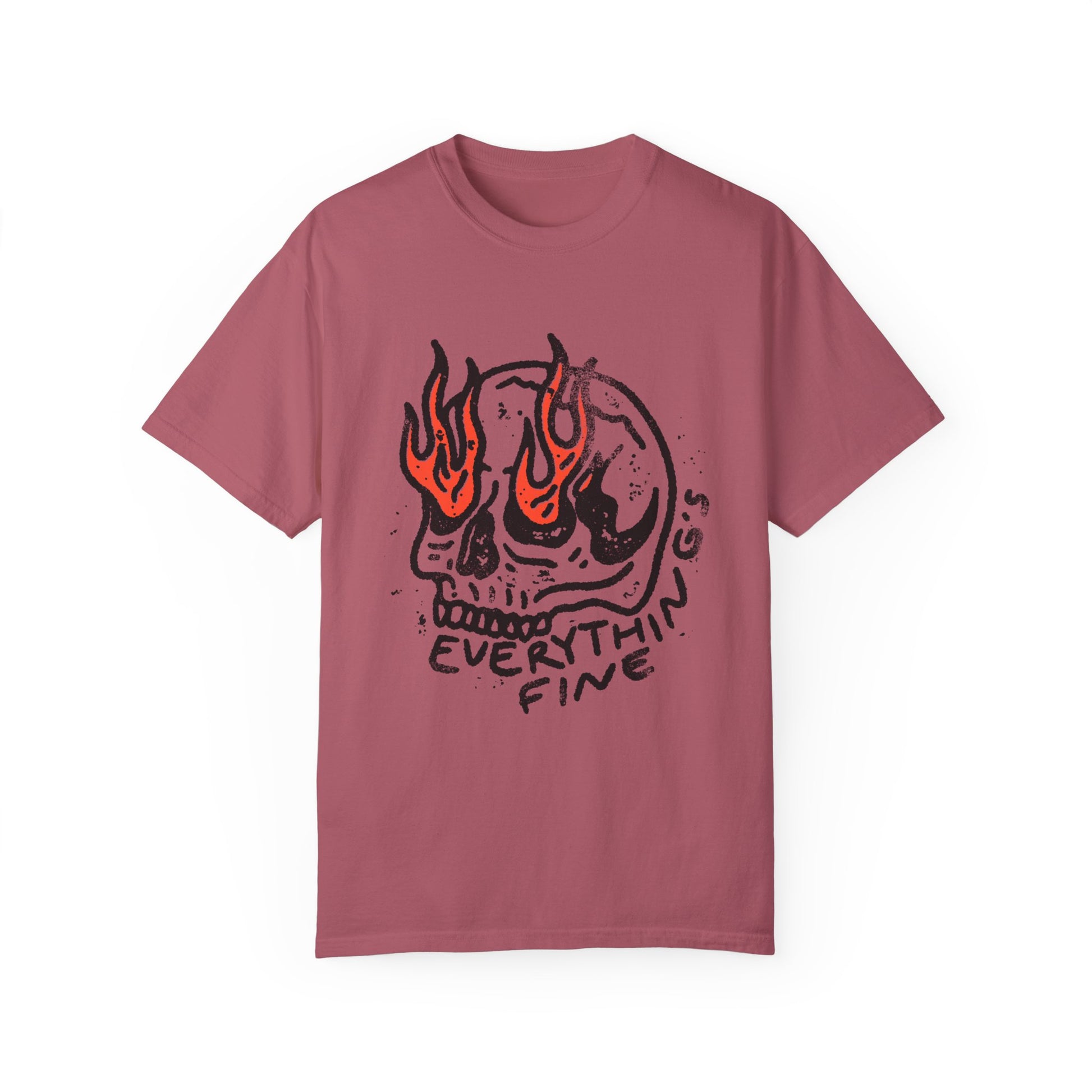 Distressed Skull Graphic T-Shirt with flames and bold grunge design. Oversized fit offers comfort and vintage-inspired edge for casual or streetwear outfits. 