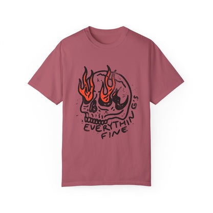 Distressed Skull Graphic T-Shirt with flames and bold grunge design. Oversized fit offers comfort and vintage-inspired edge for casual or streetwear outfits. 