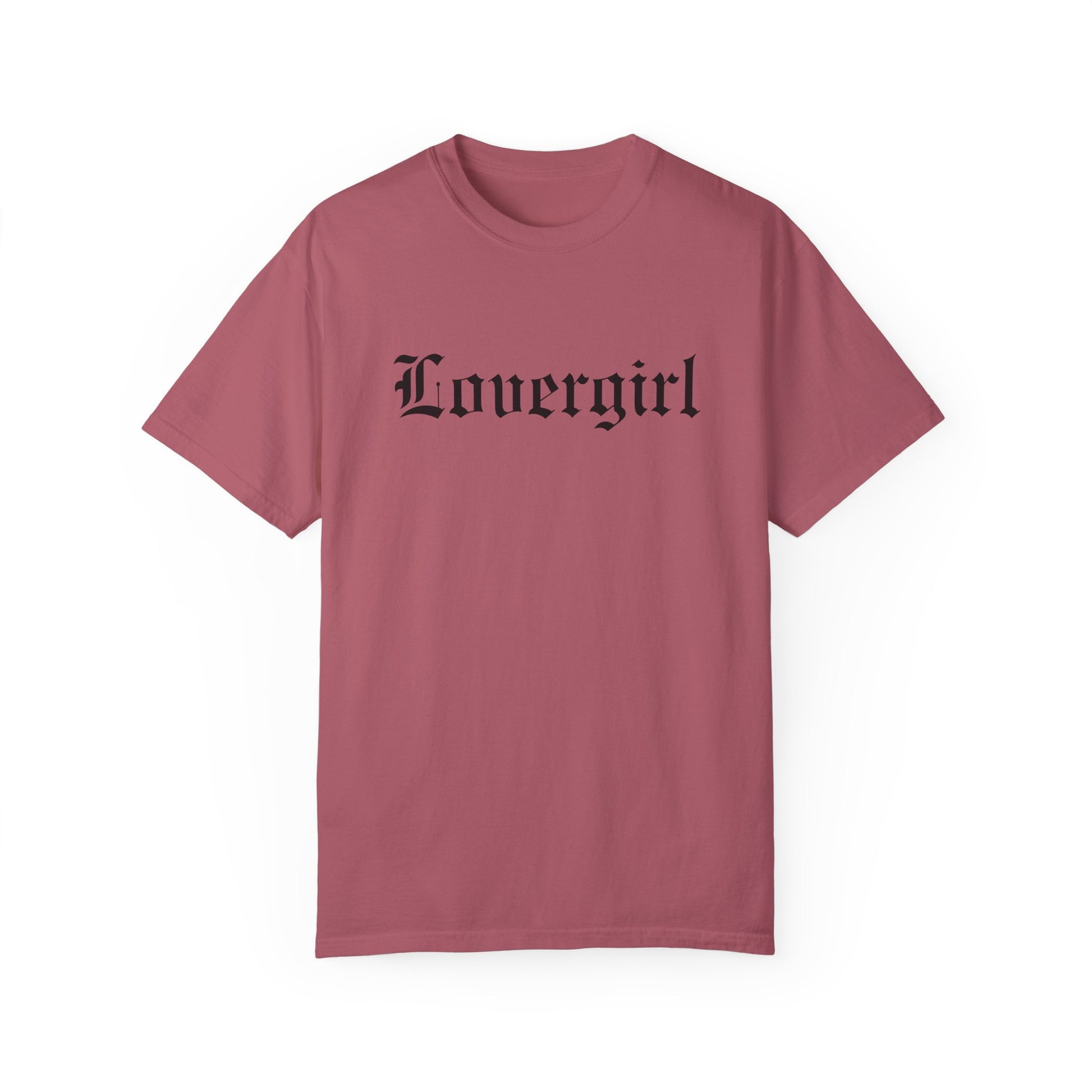 Vintage lovergirl tee in black with old English text font. Oversized casual fit perfect as a retro aesthetic shirt or edgy women’s graphic tee. Soft cotton black tee for everyday wear, combining minimalist style with trendy retro t-shirt vibes.