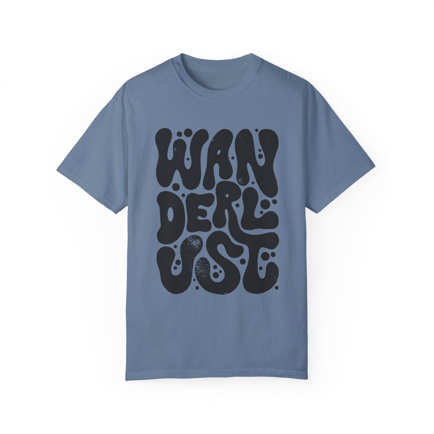 Retro Wanderlust Tee with bold psychedelic font, perfect for travel lovers, free spirits, and adventure seekers. Vintage-inspired graphic t-shirt with groovy lettering and minimalist aesthetic. Oversized fit for a laid-back, casual style. 