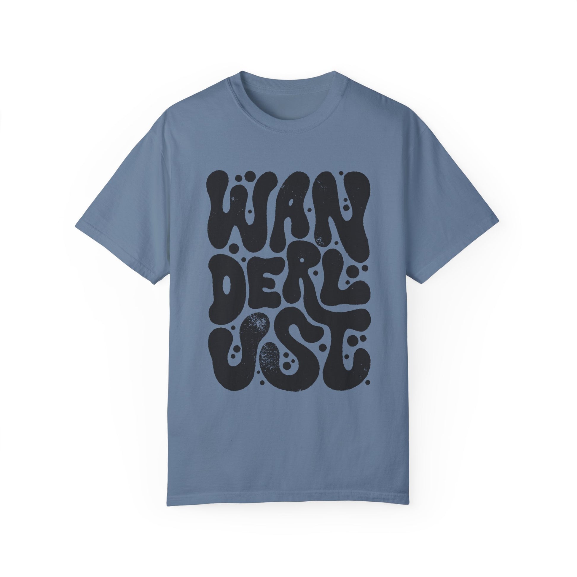 Retro Wanderlust Tee with bold psychedelic font, perfect for travel lovers, free spirits, and adventure seekers. Vintage-inspired graphic t-shirt with groovy lettering and minimalist aesthetic. Oversized fit for a laid-back, casual style. 