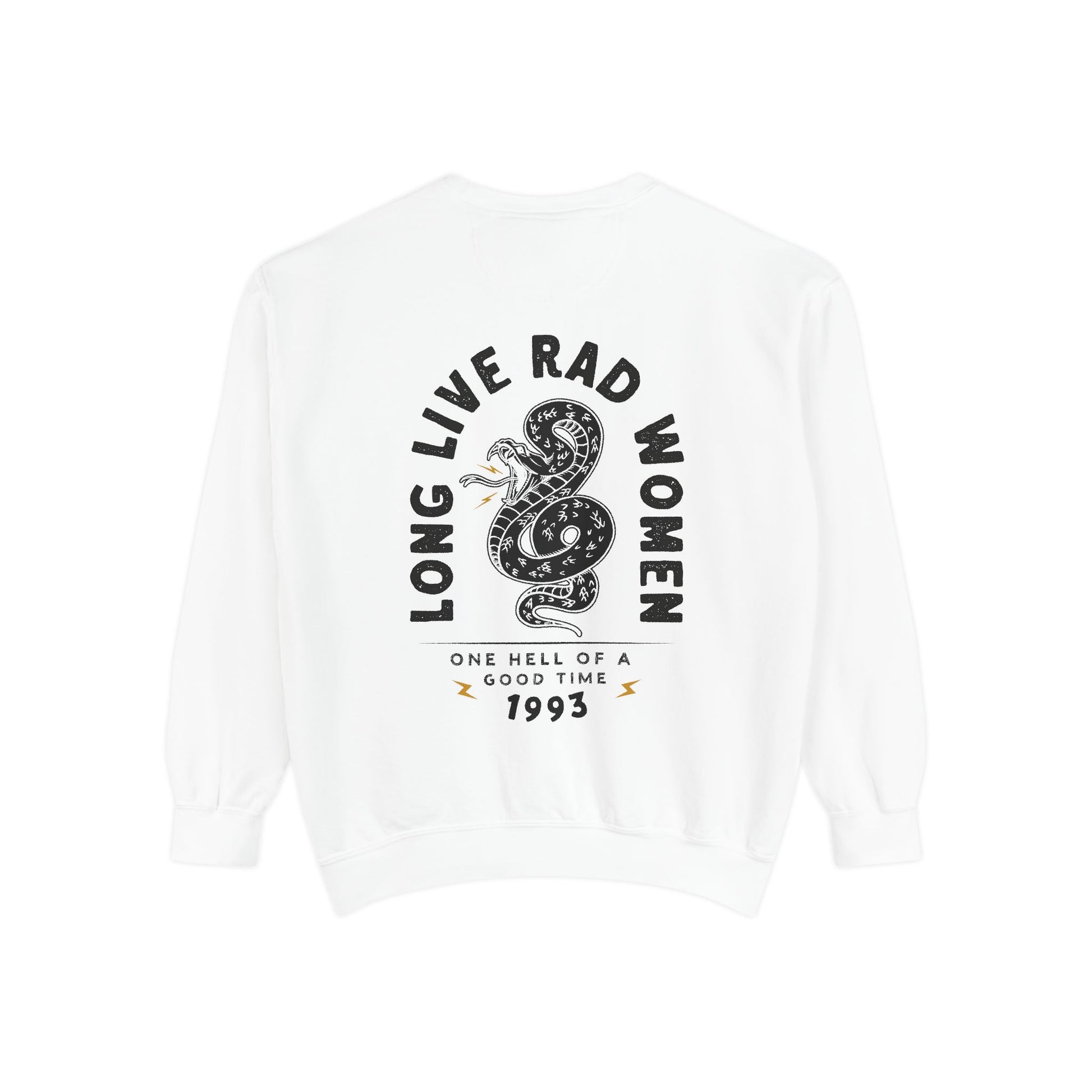 Long Live Rad Women retro graphic sweatshirt with snake design, vintage women pullover, relaxed fit sweatshirt, empowering feminist graphic tee, oversized casual shirt, lightweight retro top, perfect as a statement women tee or casual cotton shirt. 