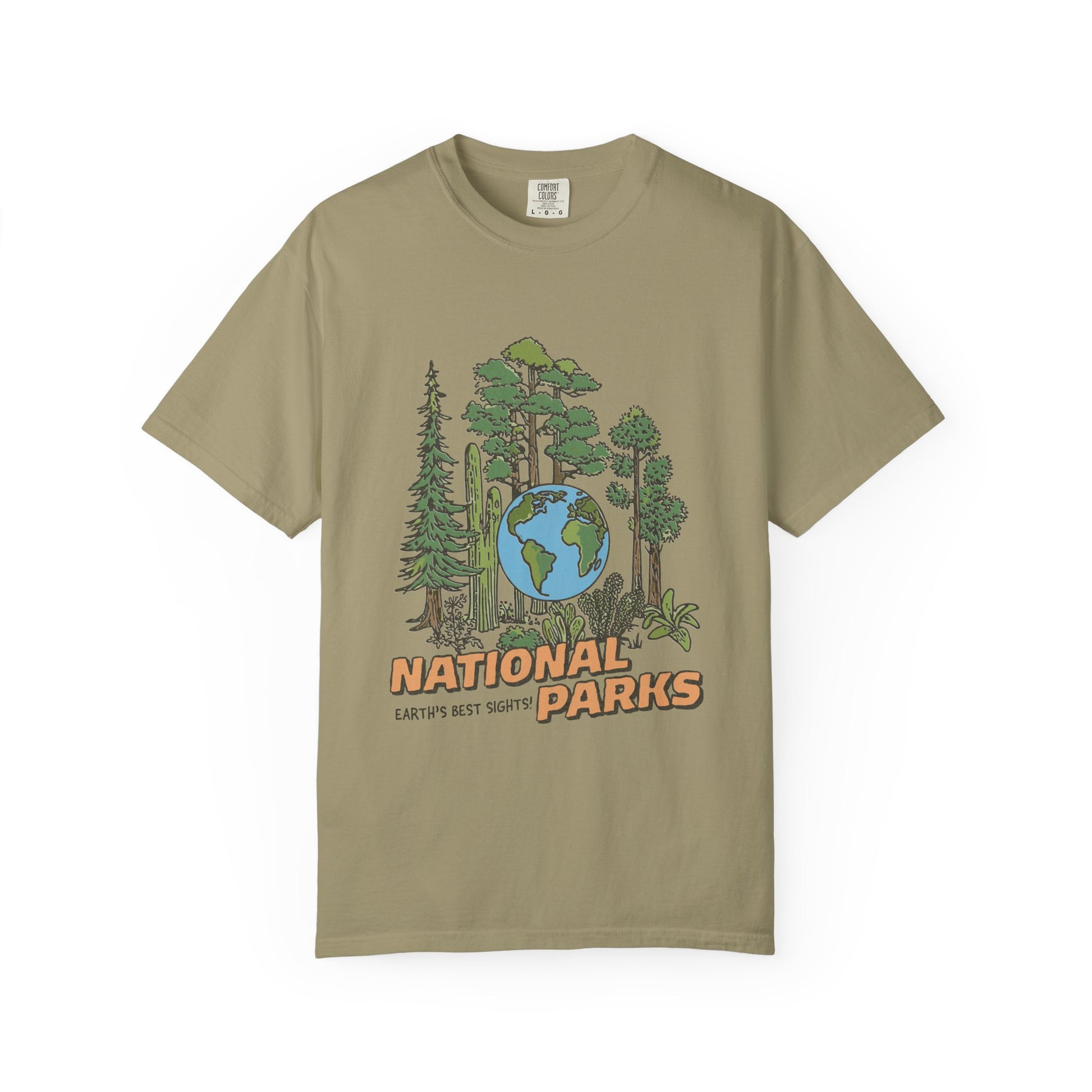 Khaki t-shirt with national parks graphic design on a white background