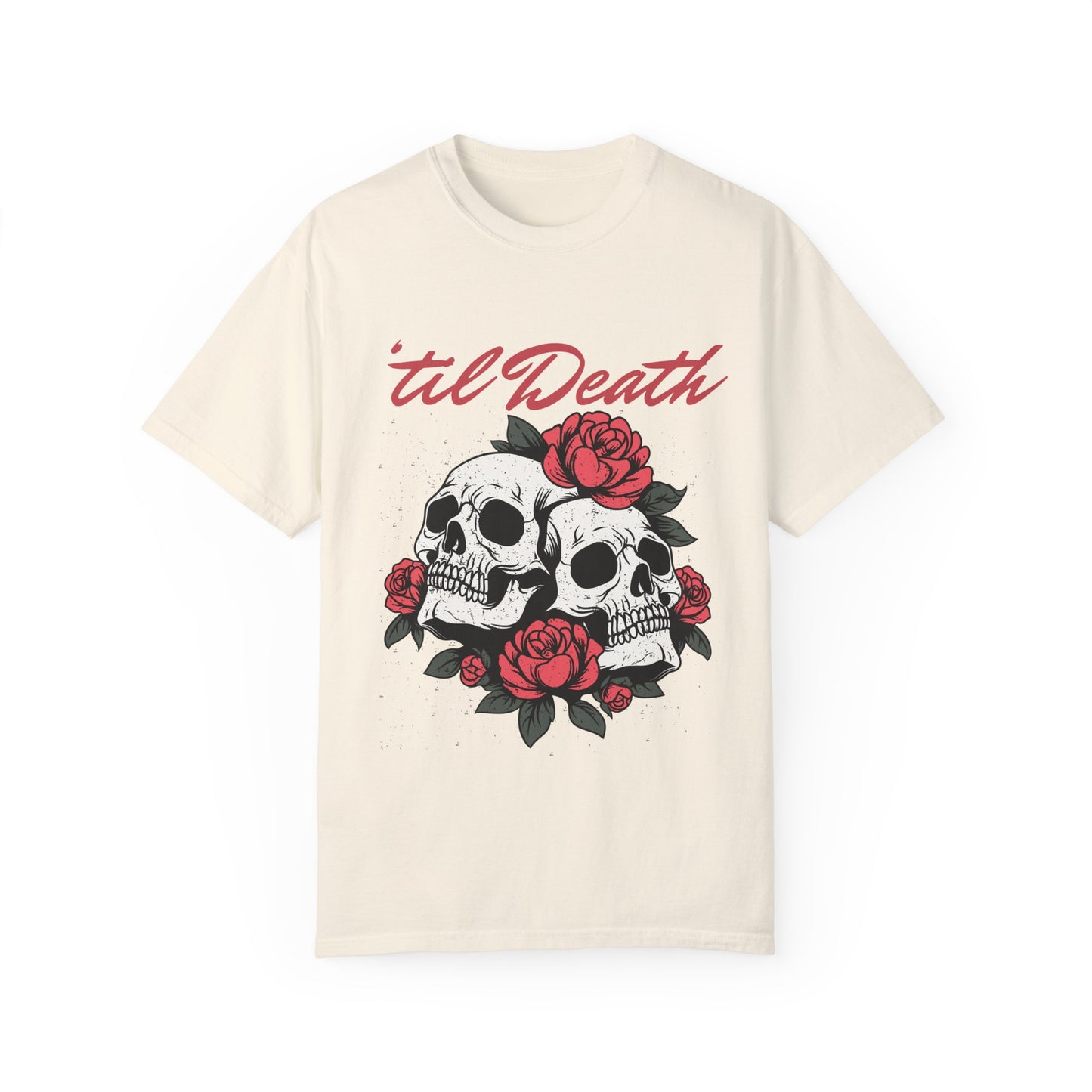 Graphic tee featuring a bold skull and roses design with vintage-inspired details. Perfect for fans of retro skeleton shirts, romantic gothic skull tees, or punk skull rose graphics. A unique aesthetic tattoo skull tee for edgy and dark romance lovers.