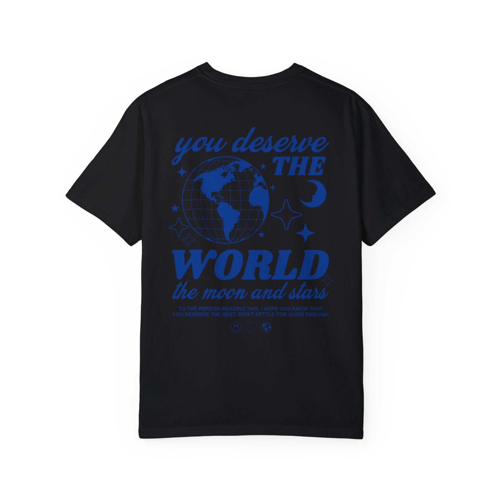 Motivational graphic t-shirt with a celestial design featuring stars, moon, and globe. Includes the inspiring phrase 'you deserve the world.' A trendy and stylish vintage-inspired tee for casual wear, perfect for spreading positivity and empowerment.