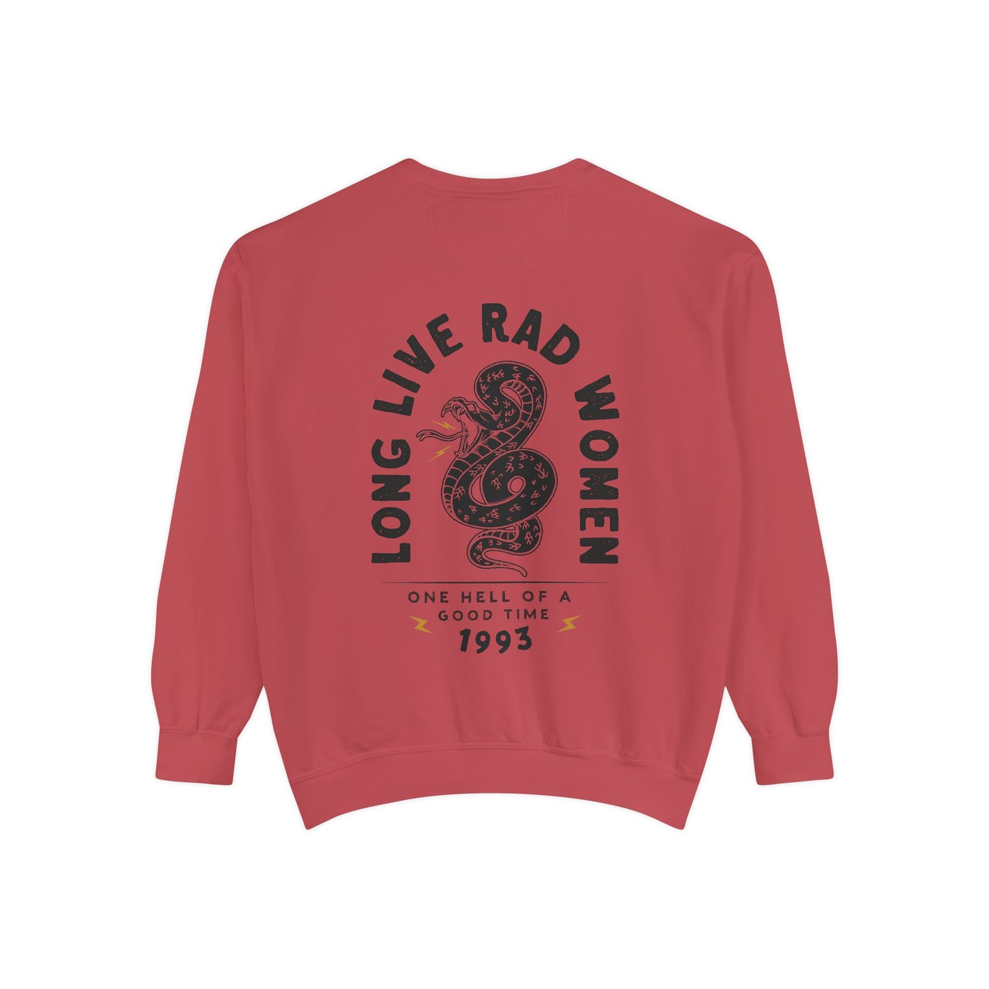 Long Live Rad Women retro graphic sweatshirt with snake design, vintage women pullover, relaxed fit sweatshirt, empowering feminist graphic tee, oversized casual shirt, lightweight retro top, perfect as a statement women tee or casual cotton shirt. 