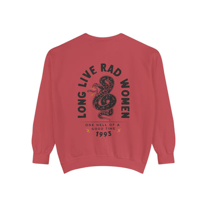 Long Live Rad Women retro graphic sweatshirt with snake design, vintage women pullover, relaxed fit sweatshirt, empowering feminist graphic tee, oversized casual shirt, lightweight retro top, perfect as a statement women tee or casual cotton shirt. 