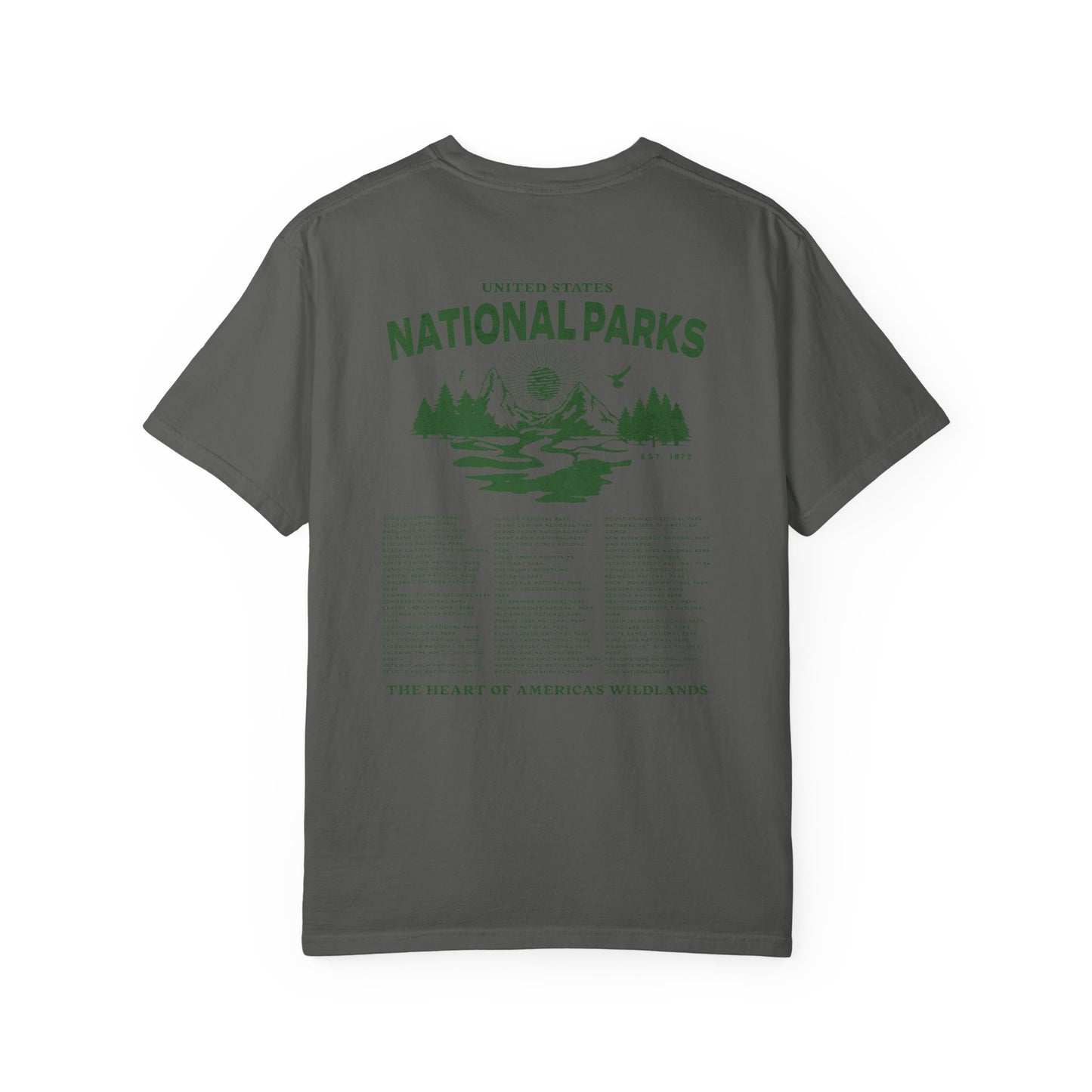 Gray t-shirt with green 'National Parks' graphic on a white background