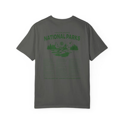 Gray t-shirt with green 'National Parks' graphic on a white background