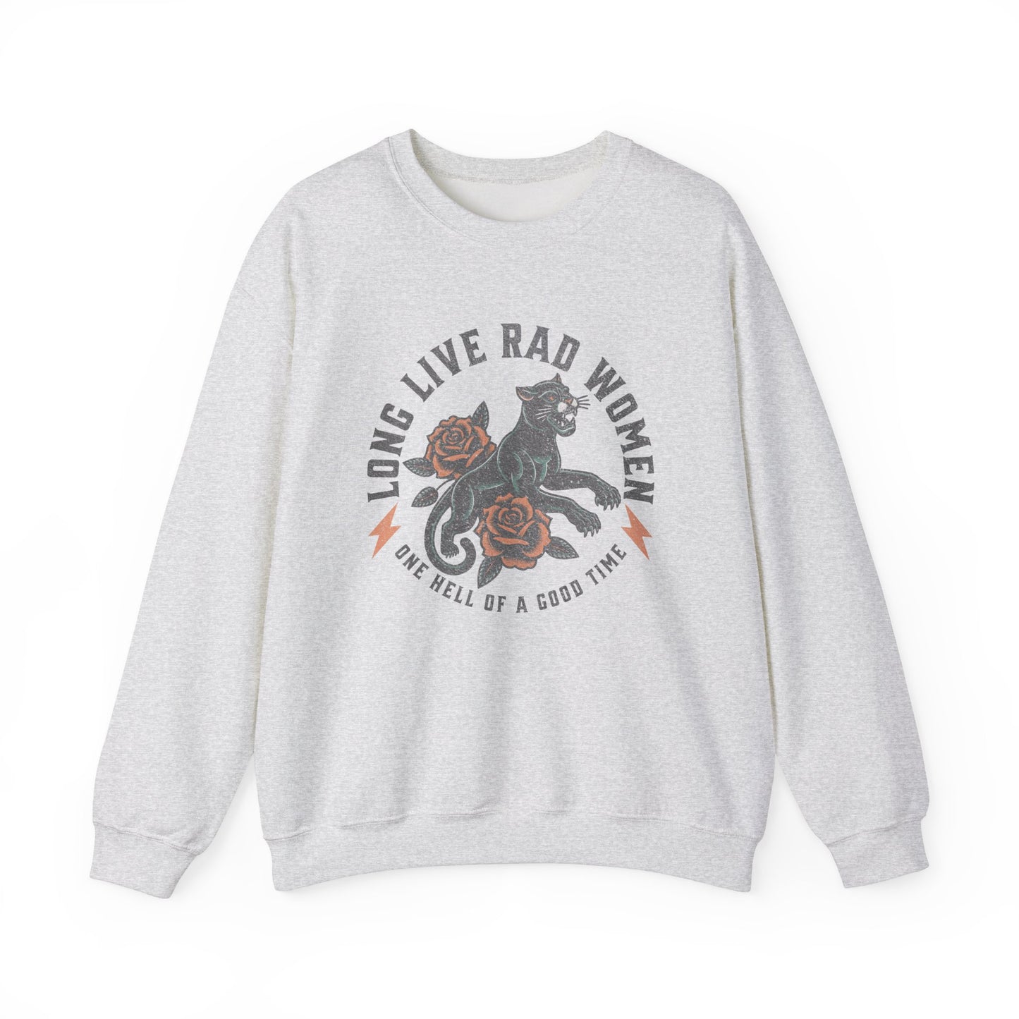 Rad women sweatshirt with vintage panther and floral tattoo design. Bold graphic pullover for cool girls and rebel hearts. Feminist crewneck with retro panther style. Empowered women top perfect for casual, everyday, and statement looks.