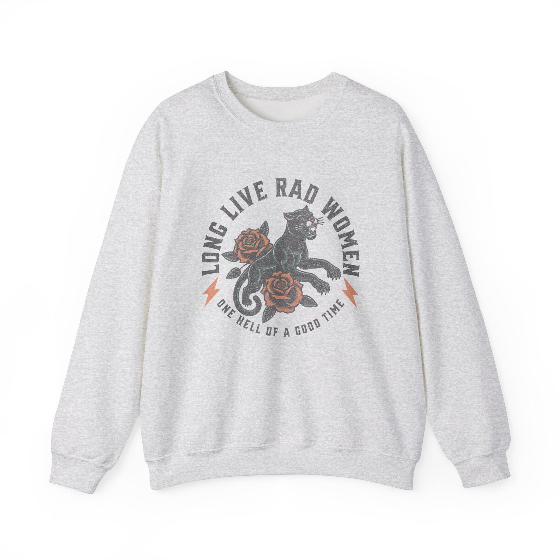 Rad women sweatshirt with vintage panther and floral tattoo design. Bold graphic pullover for cool girls and rebel hearts. Feminist crewneck with retro panther style. Empowered women top perfect for casual, everyday, and statement looks.