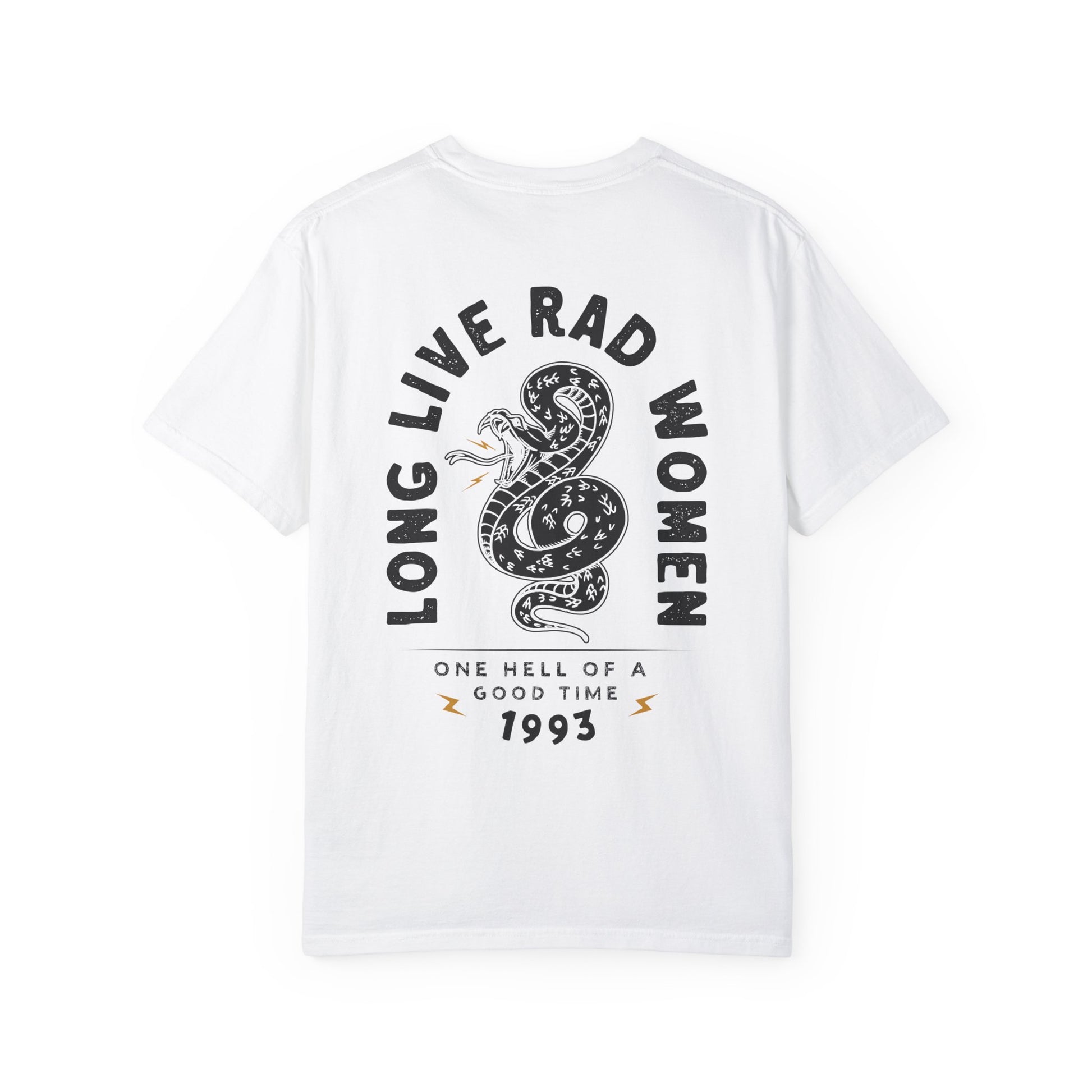 Long Live Rad Women retro snake tee, vintage cotton shirt with relaxed fit, feminist graphic tee, statement graphic tee, snake design tee, lightweight casual cotton tee, bold feminist shirt, 90s style t-shirt, graphic women tee for everyday wear.