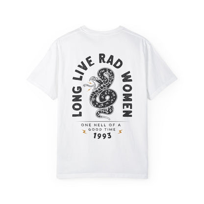 Long Live Rad Women retro snake tee, vintage cotton shirt with relaxed fit, feminist graphic tee, statement graphic tee, snake design tee, lightweight casual cotton tee, bold feminist shirt, 90s style t-shirt, graphic women tee for everyday wear.