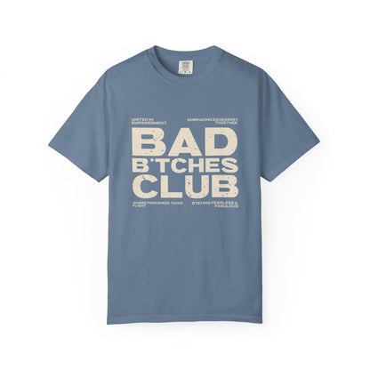 Blue t-shirt with 'Bad Bitches Club' text on a white background