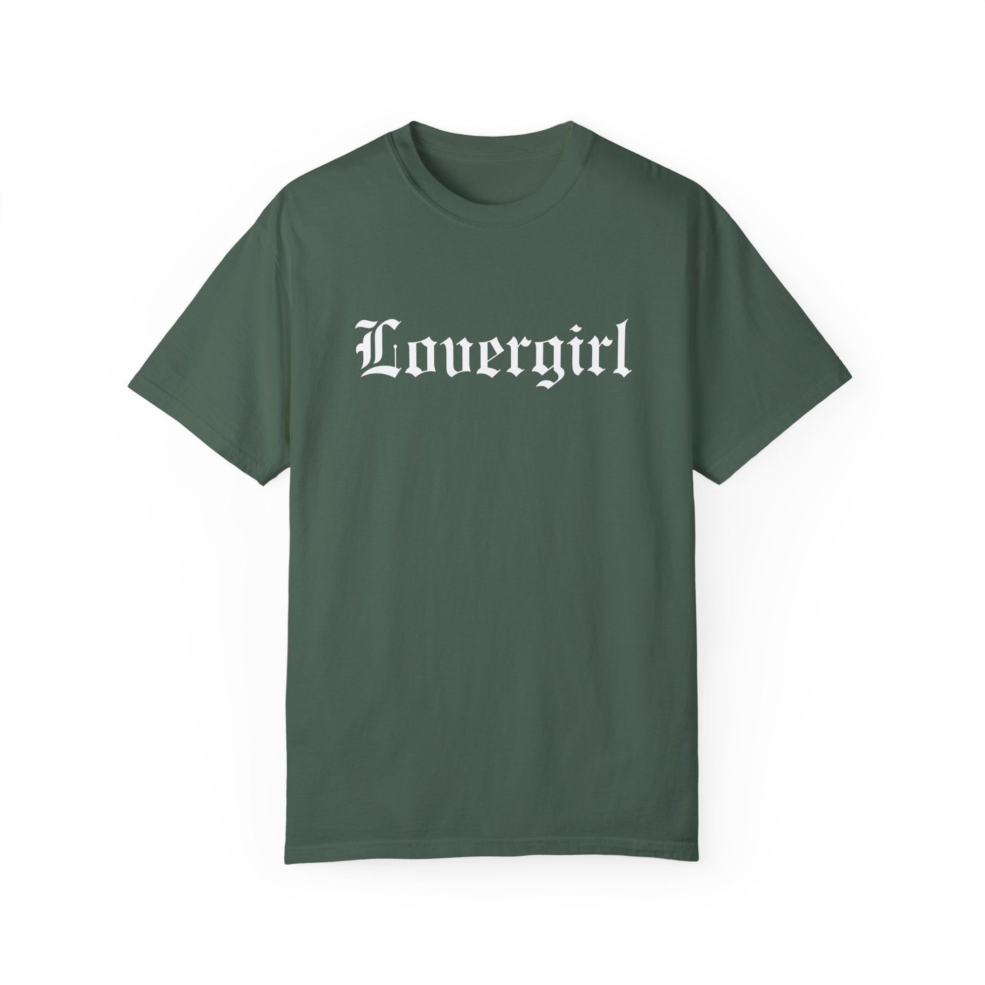 Vintage lovergirl tee in black with old English text font. Oversized casual fit perfect as a retro aesthetic shirt or edgy women’s graphic tee. Soft cotton black tee for everyday wear, combining minimalist style with trendy retro t-shirt vibes.