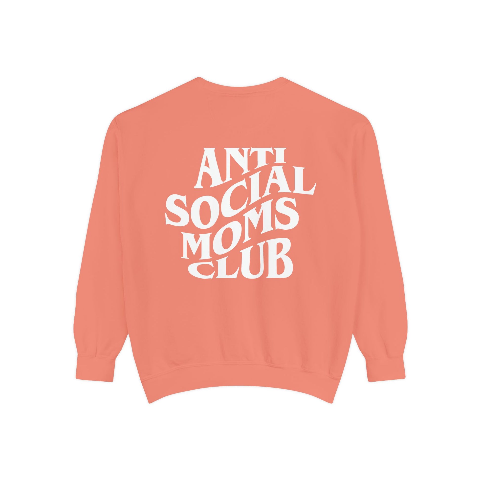 Anti Social Moms Club sweatshirt with bold graphic text on the back. Perfect funny mom sweatshirt or vintage mom pullover for casual wear. Stylish, oversized fit for a comfy mom sweatshirt, ideal gift for moms who love humor and relaxed style.