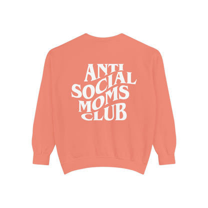 Anti Social Moms Club sweatshirt with bold graphic text on the back. Perfect funny mom sweatshirt or vintage mom pullover for casual wear. Stylish, oversized fit for a comfy mom sweatshirt, ideal gift for moms who love humor and relaxed style.