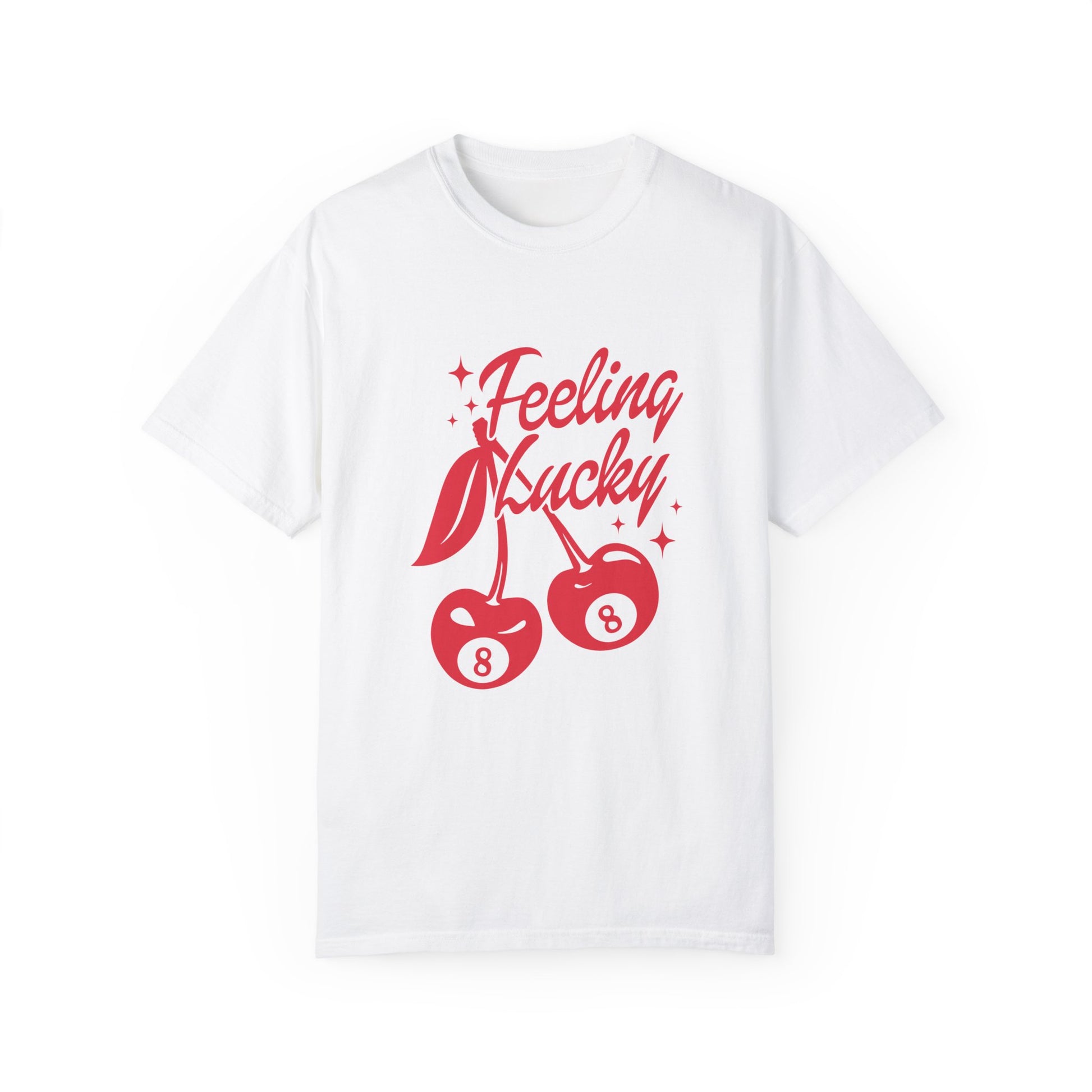 Shirt featuring a lucky cherry graphic with vintage red cherries and an 8-ball design. Retro cherry t-shirt with a feeling lucky vibe, perfect as a black vintage shirt or fun vintage shirt for casual, stylish looks.