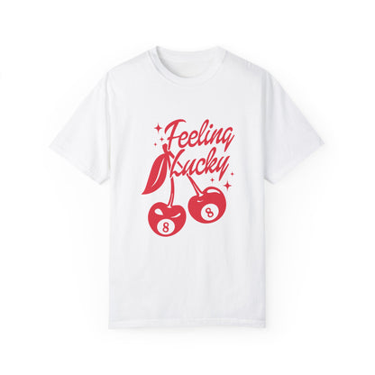 Shirt featuring a lucky cherry graphic with vintage red cherries and an 8-ball design. Retro cherry t-shirt with a feeling lucky vibe, perfect as a black vintage shirt or fun vintage shirt for casual, stylish looks.