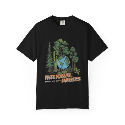 Black t-shirt with national parks graphic design on a white background