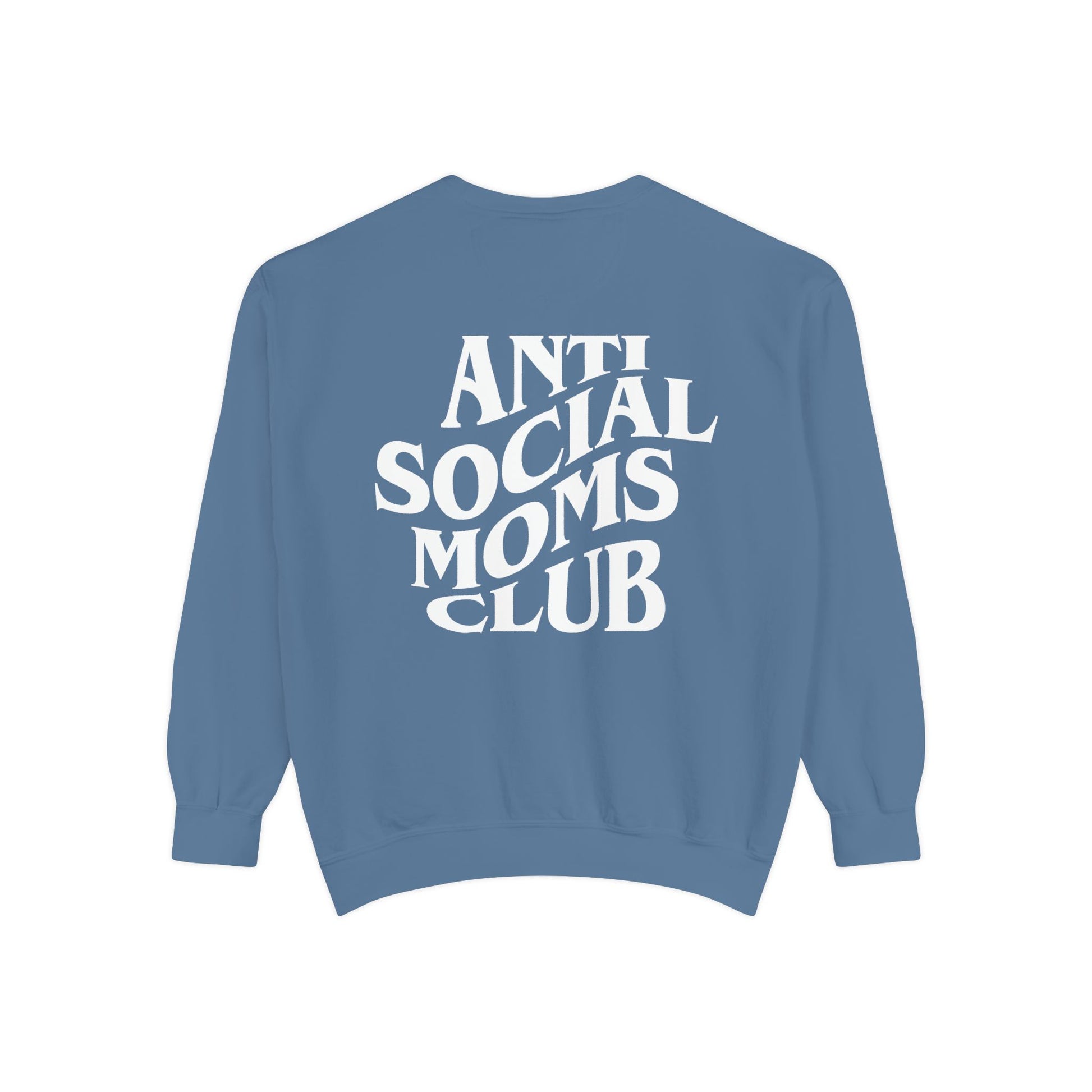 Anti Social Moms Club sweatshirt with bold graphic text on the back. Perfect funny mom sweatshirt or vintage mom pullover for casual wear. Stylish, oversized fit for a comfy mom sweatshirt, ideal gift for moms who love humor and relaxed style.