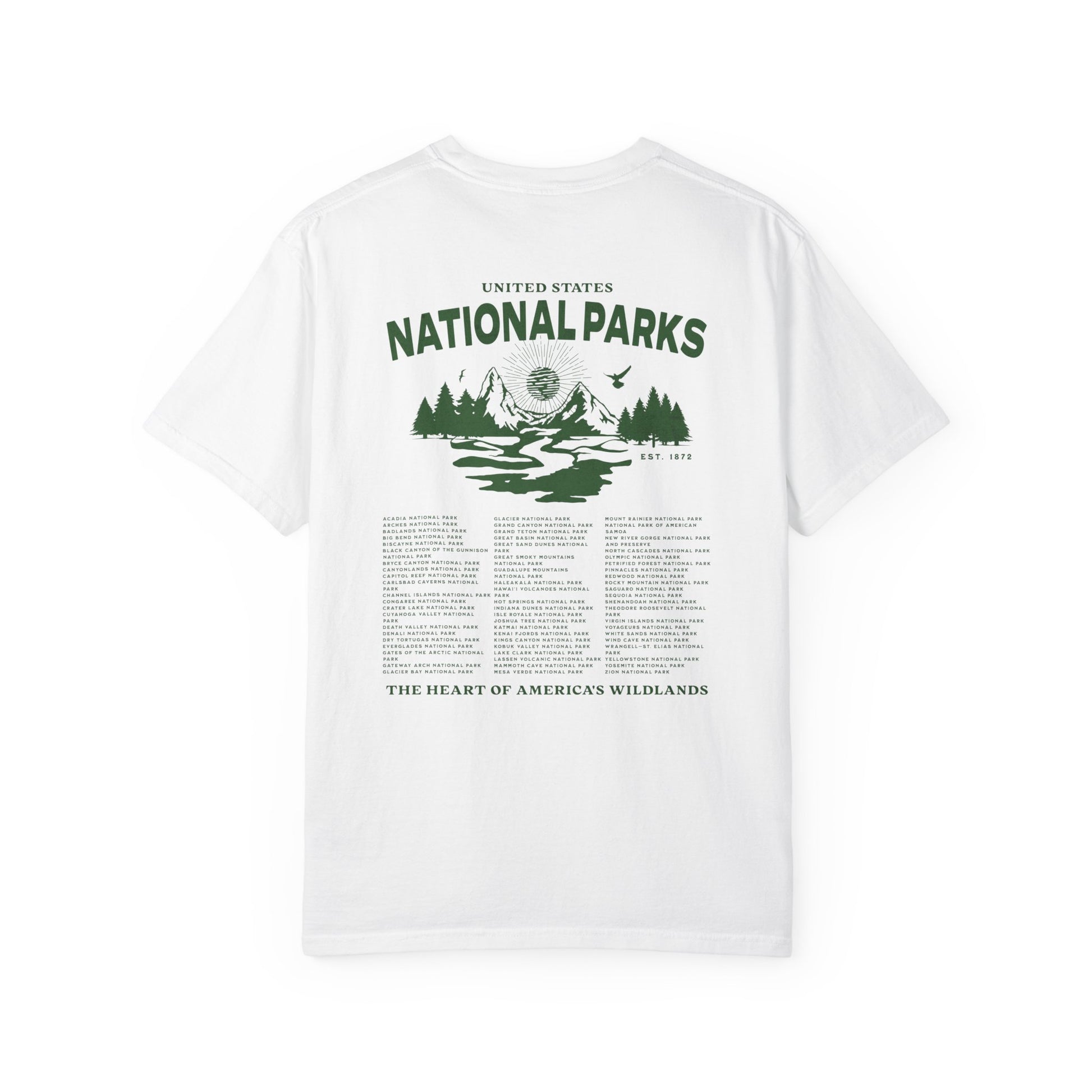 White t-shirt with 'National Parks' graphic and text on a white background