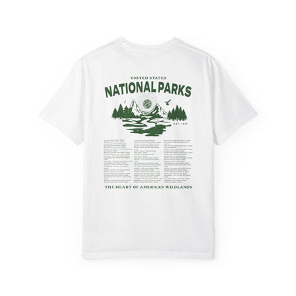 White t-shirt with 'National Parks' graphic and text on a white background