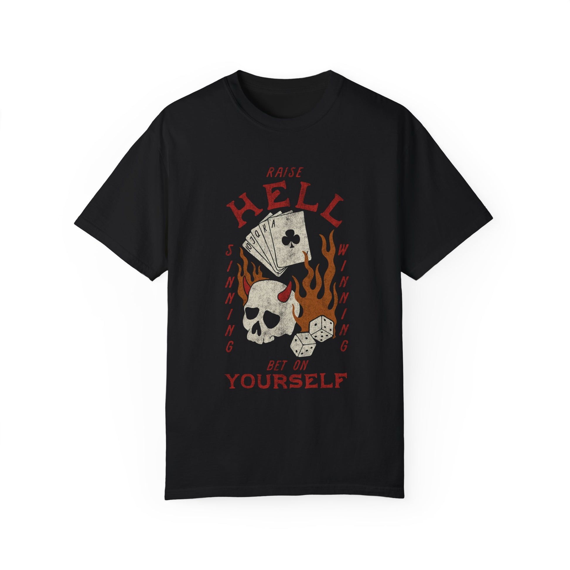 Vintage skull tee with a hellfire graphic, outlaw poker design, and flaming dice. Edgy gambling shirt with tattoo style skull, gothic aesthetic, and punk rock vibe. Retro casino shirt for risk-takers who love badass dice graphics and dark streetwear fashion.