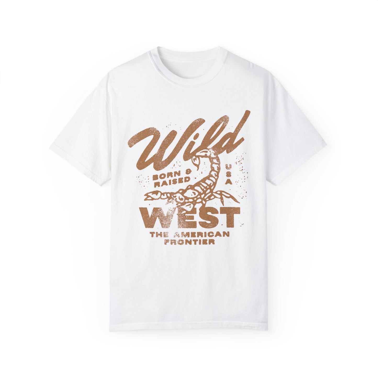 Vintage western shirt with a scorpion graphic and distressed details. Retro cowboy t-shirt inspired by the American West. Rodeo graphic t-shirt with a rustic frontier style. Wild West graphic tee with a bold design for a rugged, adventurous look.