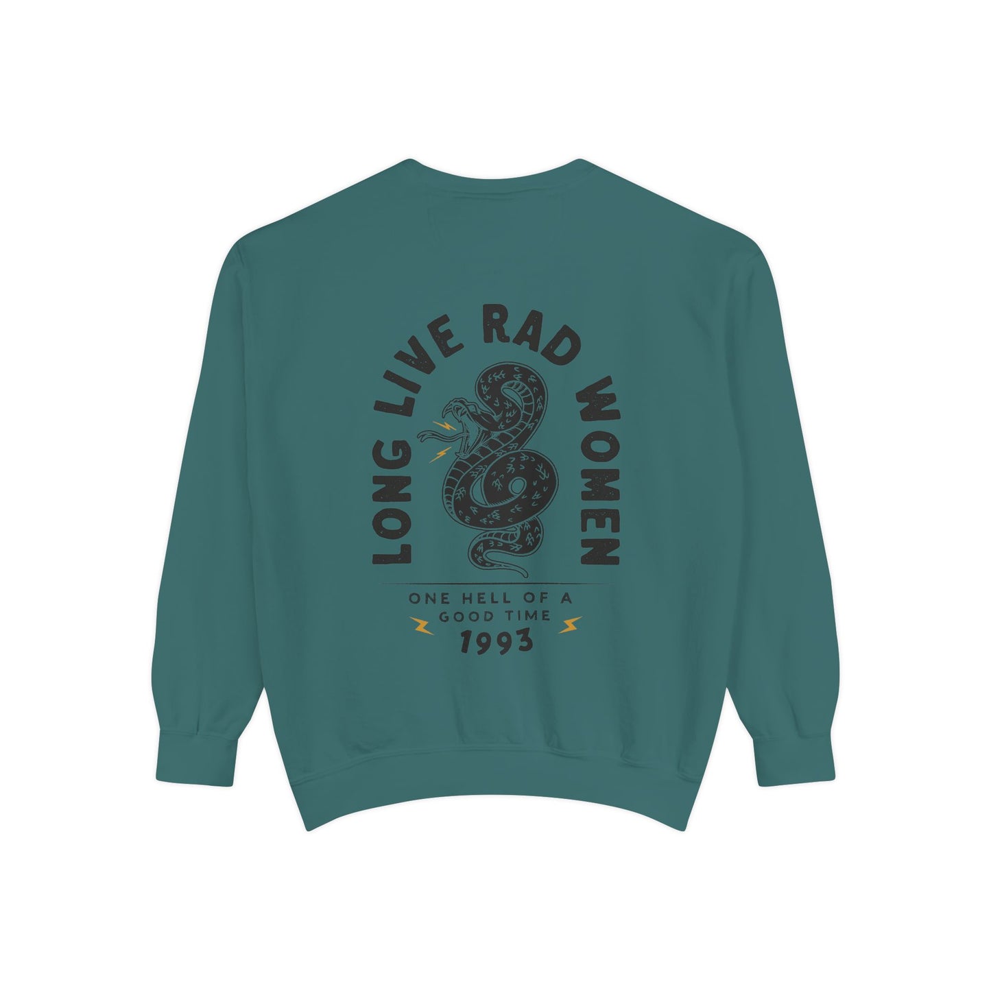 Long Live Rad Women retro graphic sweatshirt with snake design, vintage women pullover, relaxed fit sweatshirt, empowering feminist graphic tee, oversized casual shirt, lightweight retro top, perfect as a statement women tee or casual cotton shirt. 