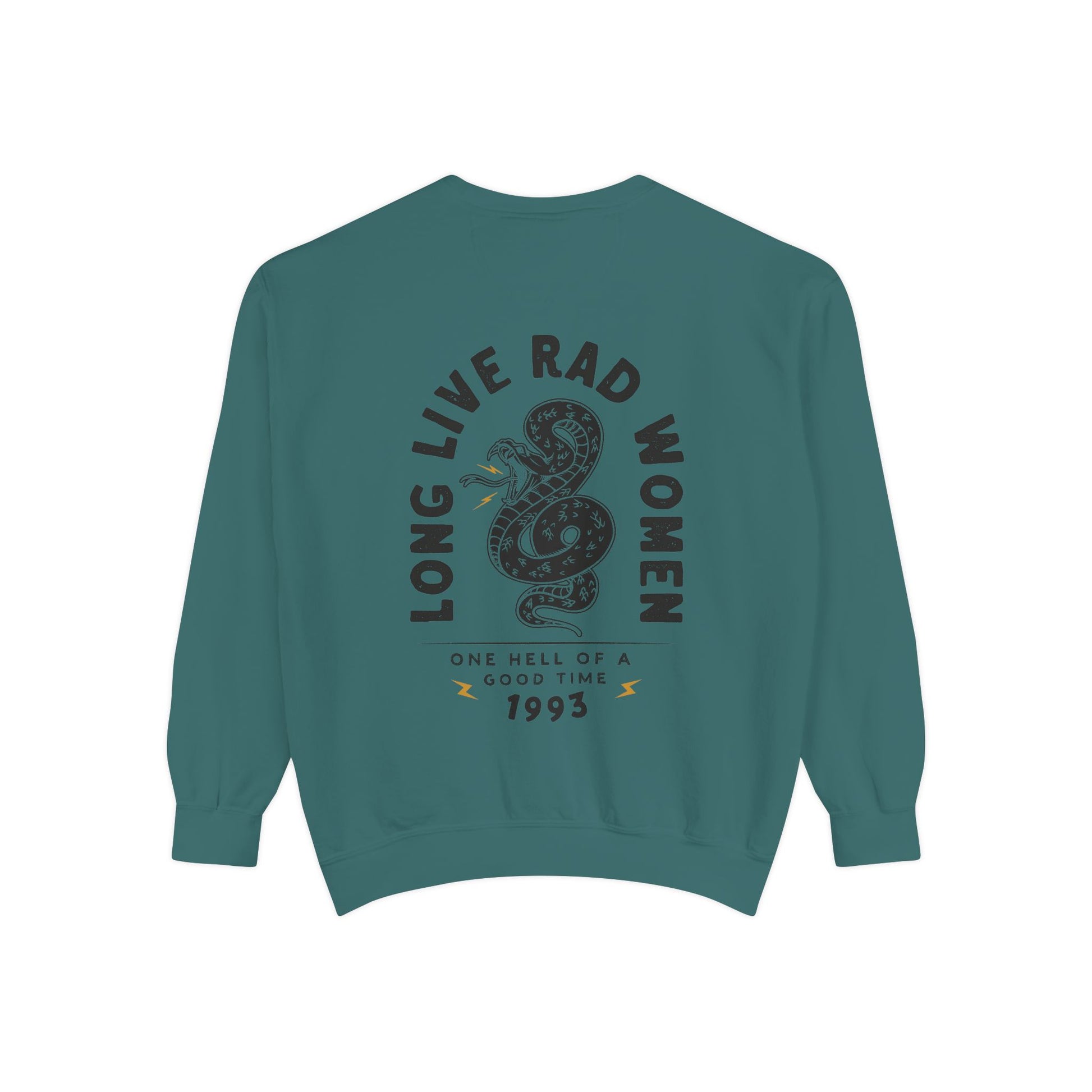 Long Live Rad Women retro graphic sweatshirt with snake design, vintage women pullover, relaxed fit sweatshirt, empowering feminist graphic tee, oversized casual shirt, lightweight retro top, perfect as a statement women tee or casual cotton shirt. 