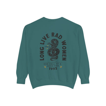 Long Live Rad Women retro graphic sweatshirt with snake design, vintage women pullover, relaxed fit sweatshirt, empowering feminist graphic tee, oversized casual shirt, lightweight retro top, perfect as a statement women tee or casual cotton shirt. 