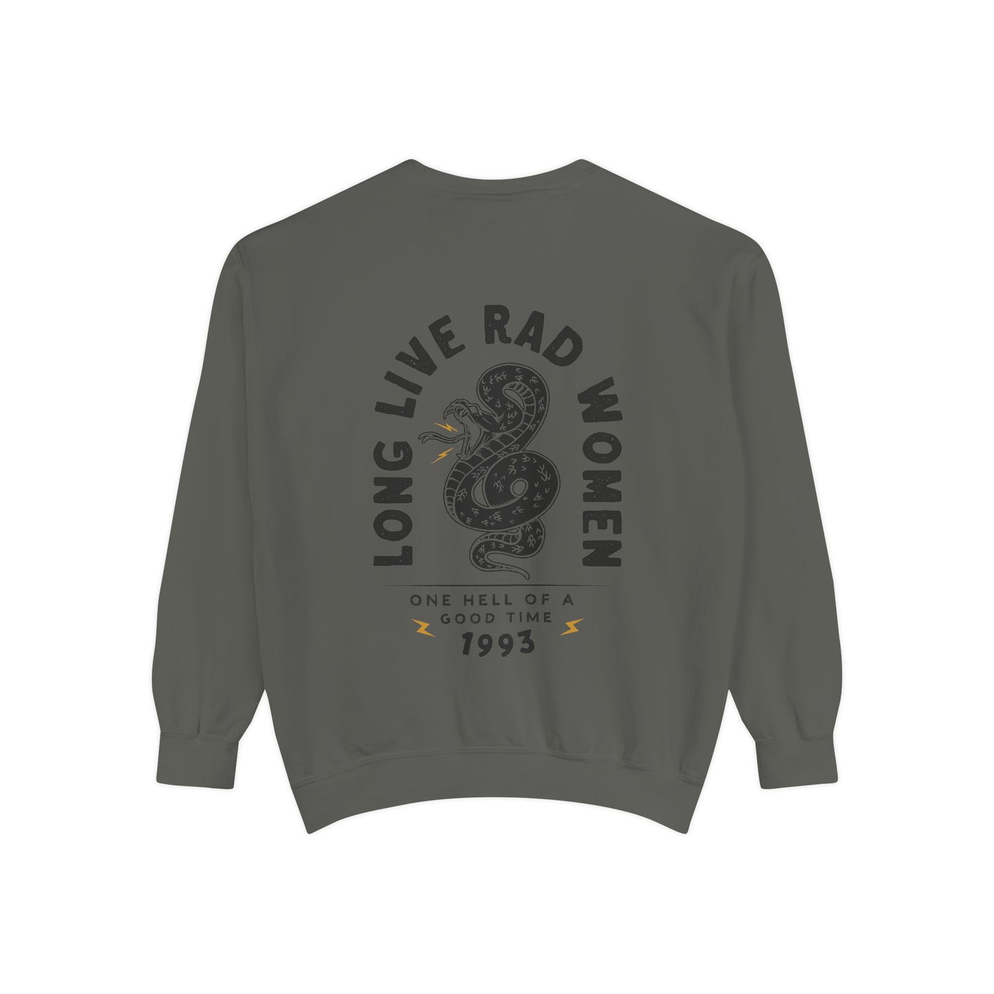 Long Live Rad Women retro graphic sweatshirt with snake design, vintage women pullover, relaxed fit sweatshirt, empowering feminist graphic tee, oversized casual shirt, lightweight retro top, perfect as a statement women tee or casual cotton shirt. 